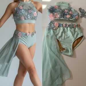 Glamour solo dance costume mint green rhinestoned embellished bling MC child